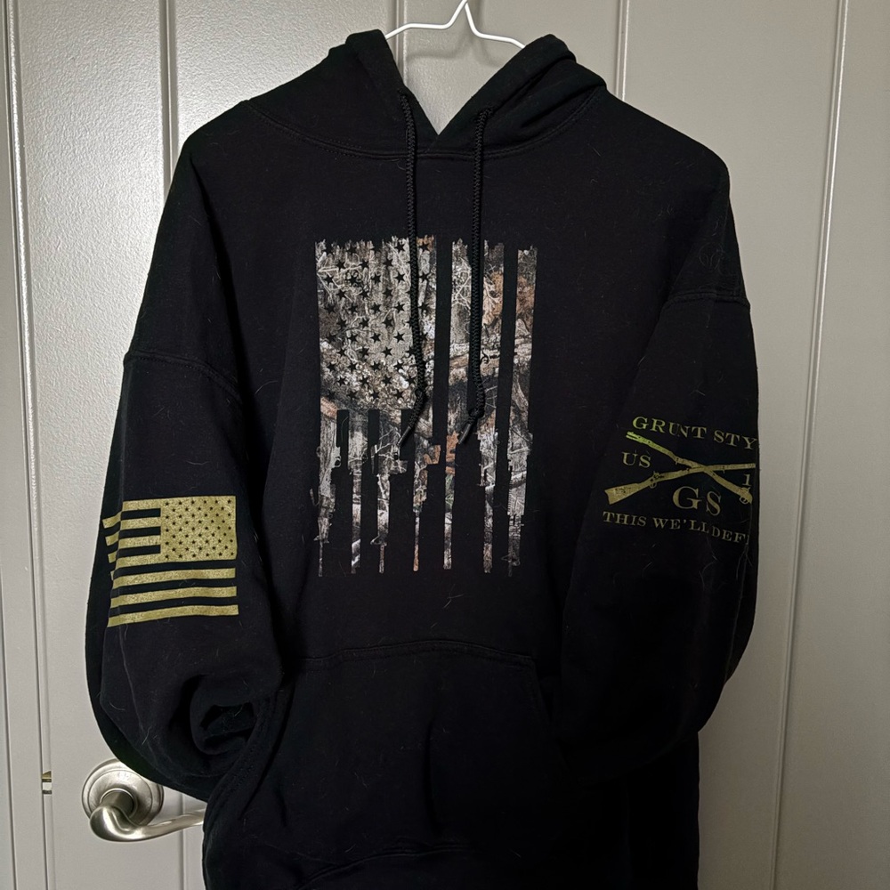 Grunt Style Black Hoodie with Camouflage Flag